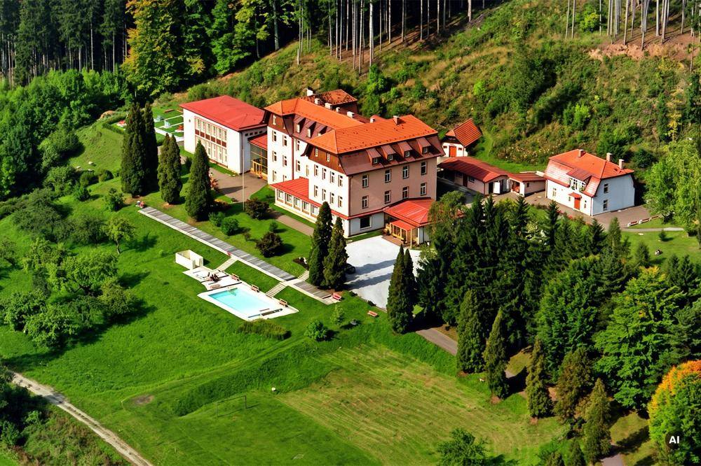 Vogelperspektive eines weitläufigen Anwesens mit Hauptgebäude, Nebengebäuden, Pool und gepflegten Grünflächen.