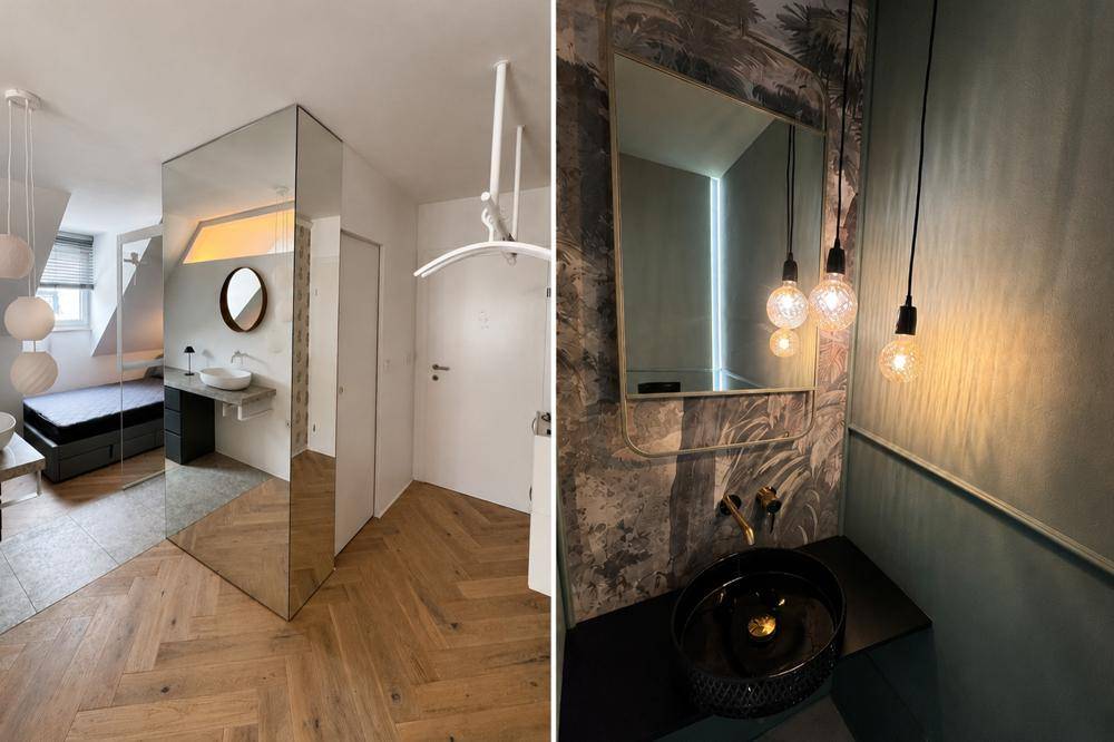 Collage aus einem Schlafzimmerbereich mit Spiegelfront und einem stilvollen Gäste-WC mit dunklem Waschbecken.