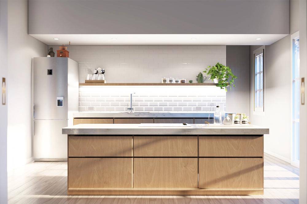 Moderne Küche mit einer Holzinsel, weißem Fliesenspiegel und einem Edelstahlkühlschrank.