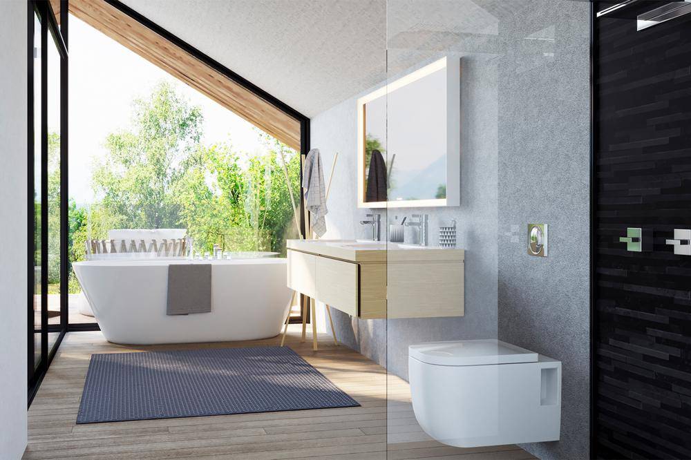 Luxuriöses Badezimmer mit freistehender Badewanne, begehbarer Dusche und großem Fenster mit Waldblick.