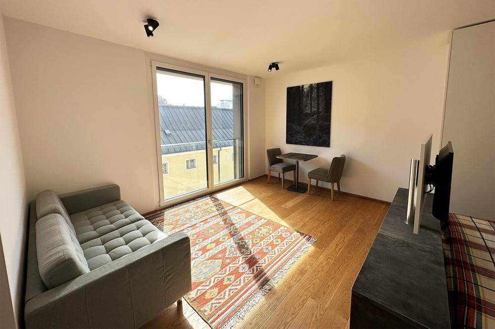 Helles Wohnzimmer mit modernem Sofa, Holzboden und Zugang zu einem Balkon oder einer Terrasse.