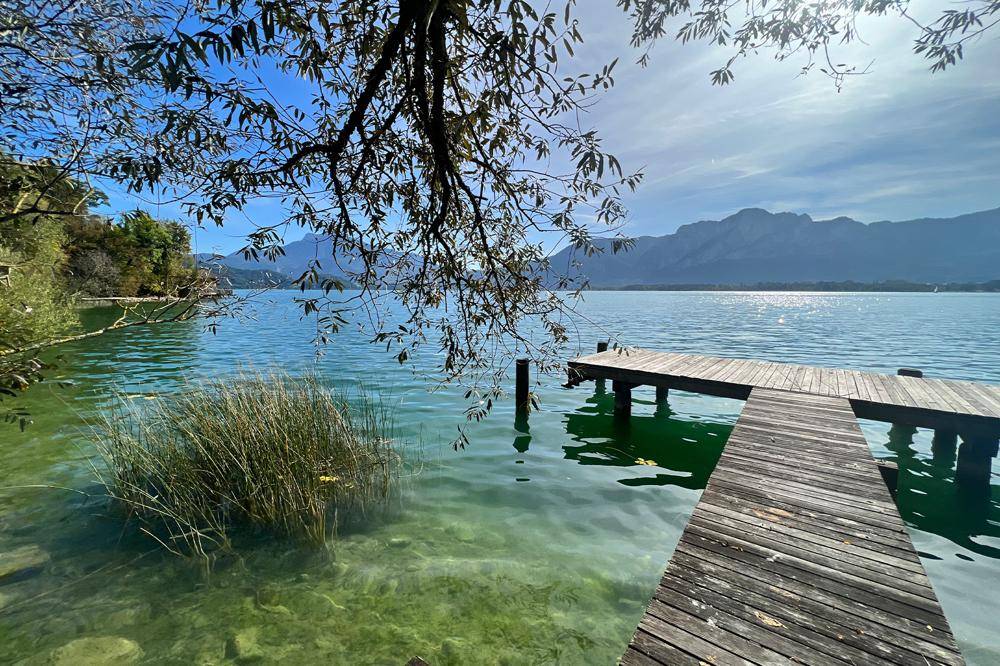 Idyllischer Holzsteg am Seeufer, umrahmt von Ästen, mit glitzerndem Wasser und Bergkulisse.