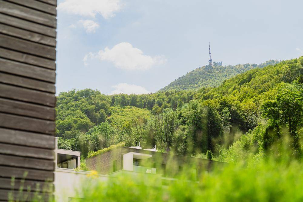 Panoramablick auf bewaldete Hügel und einen Sendeturm, mit moderner Architektur im Vordergrund.