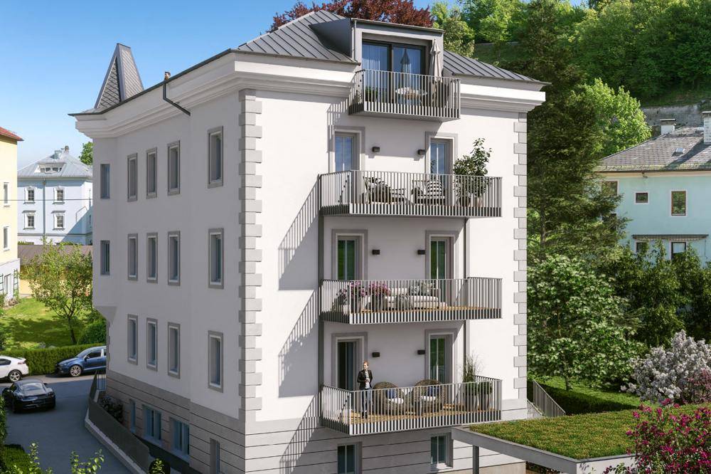 Visualisierung eines eleganten Neubaus mit mehreren Balkonen und grüner Umgebung.