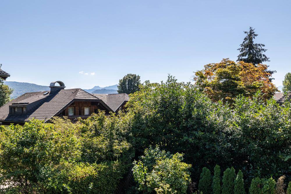 Malerischer Blick auf bewaldete Hügel und Dächer mit Bergen im Hintergrund unter blauem Himmel.