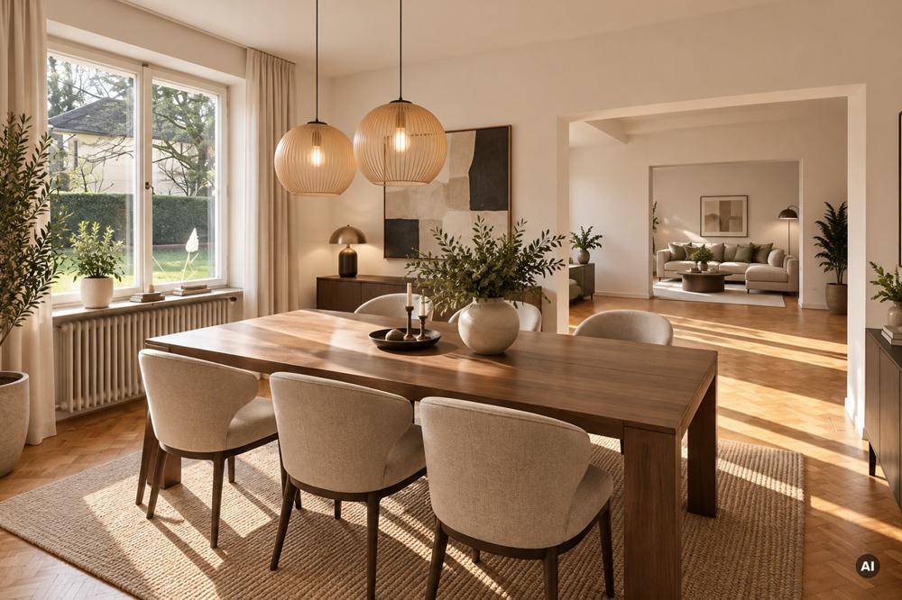 Eleganter Essbereich mit Holztisch, modernen Pendelleuchten und offener Verbindung zum Wohnzimmer.