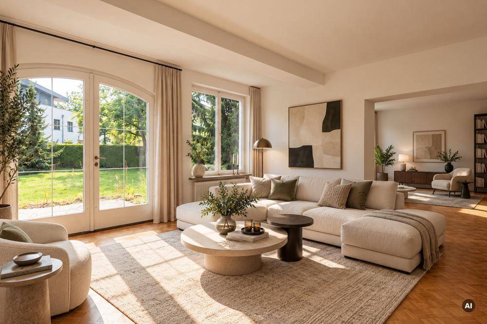Helles, modern eingerichtetes Wohnzimmer mit großen Fenstern und Blick in den Garten.