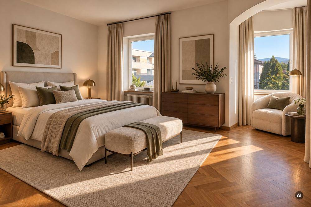 Stilvolles Schlafzimmer mit Doppelbett, Parkettboden und viel Tageslicht.