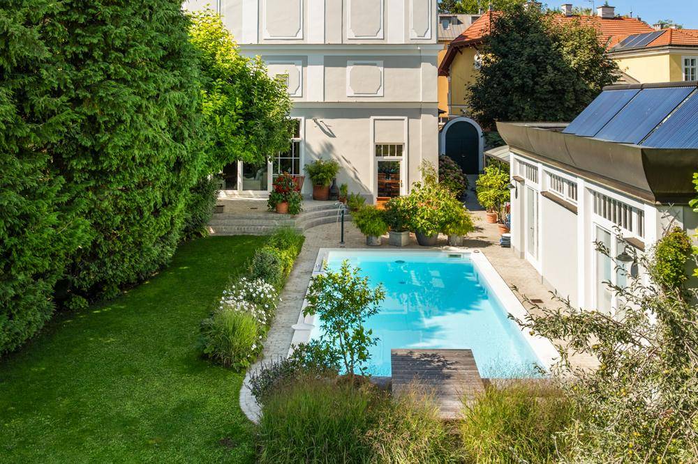 Gepflegter Gartenbereich mit Swimmingpool, Rasenfläche und üppiger Bepflanzung.