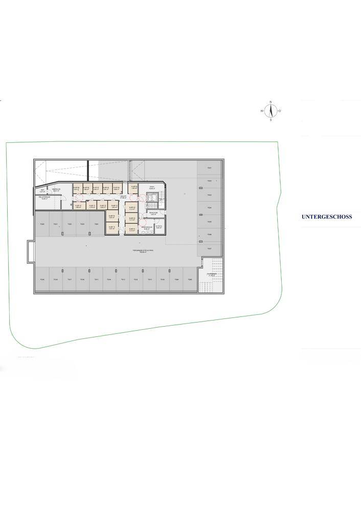 Grundriss des Untergeschosses mit Tiefgaragenstellplätzen und Abstellräumen.
