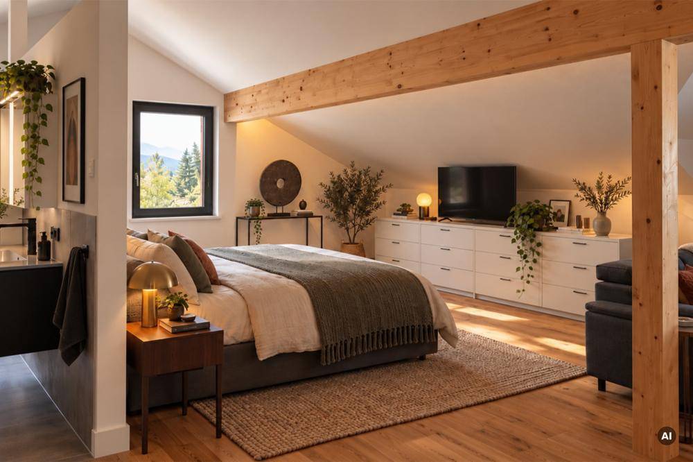 Gemütliches Schlafzimmer im Dachgeschoss mit Holzbalken, großem Bett und Bergblick.