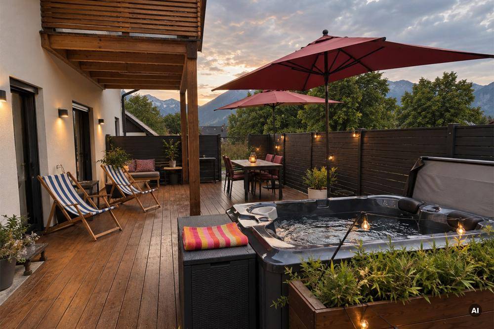 Geräumige Holzterrasse mit Whirlpool, Sonnenschirmen und Bergblick bei Sonnenuntergang.
