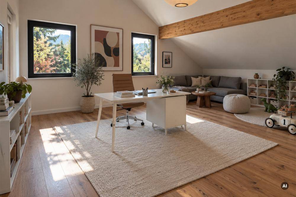 Helles Dachgeschoss-Büro mit Holzbalken, Schreibtisch und gemütlicher Sitzecke.