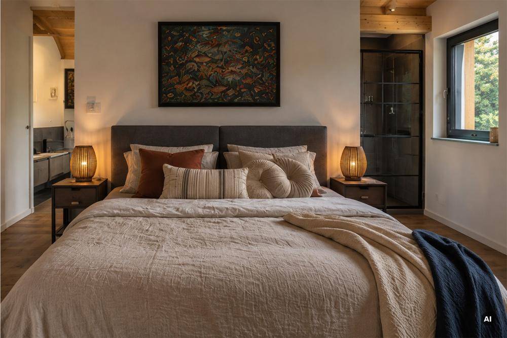 Schlafzimmer mit Doppelbett, Nachttischen und indirekter Beleuchtung für eine gemütliche Atmosphäre.