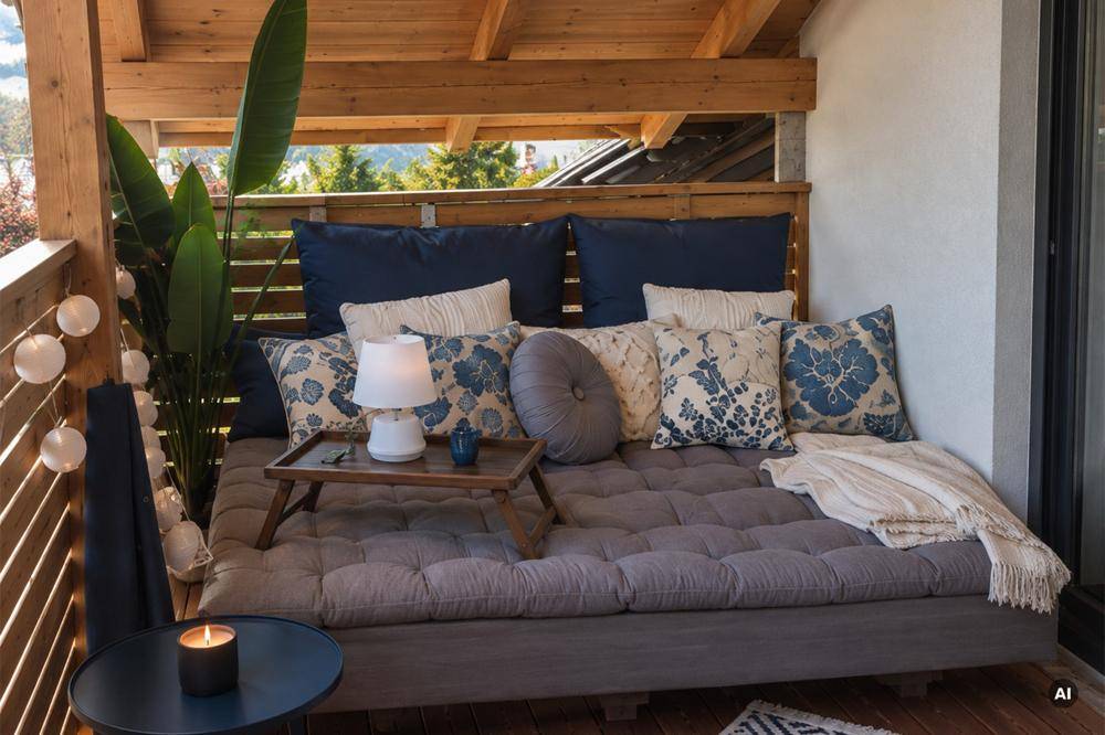 Gemütlicher Balkon mit Tagesbett, vielen Kissen und dekorativer Lichterkette.