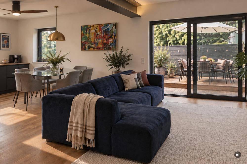 Heller offener Wohn-Essbereich mit bequemer Couch, Holzboden und Zugang zur Terrasse.