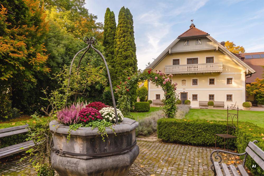 Traditionelles Haus mit Balkon, einem dekorativen Brunnen und gepflastertem Gartenbereich.