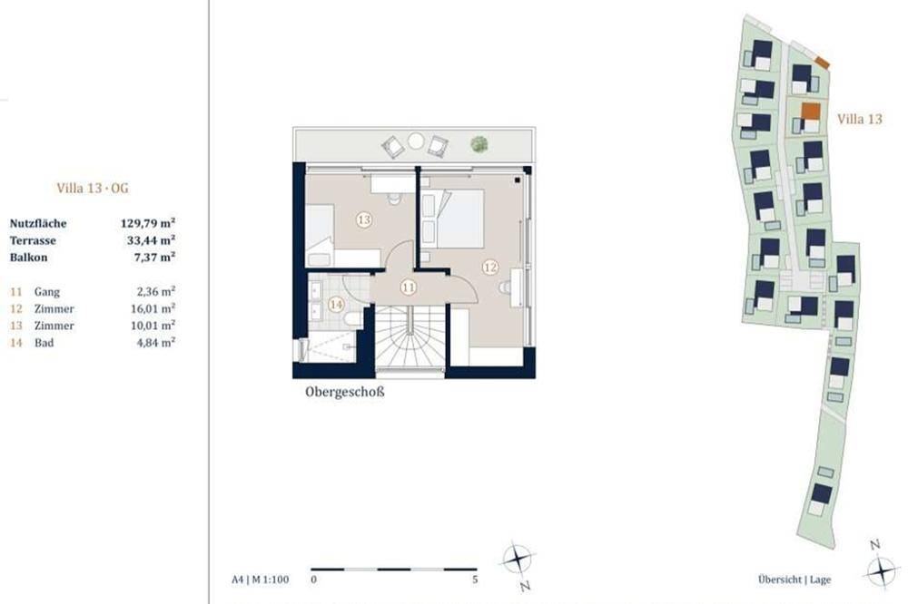 Grundriss des Obergeschosses der Villa 13 mit Schlafzimmern und einem Übersichtsplan der Anlage.