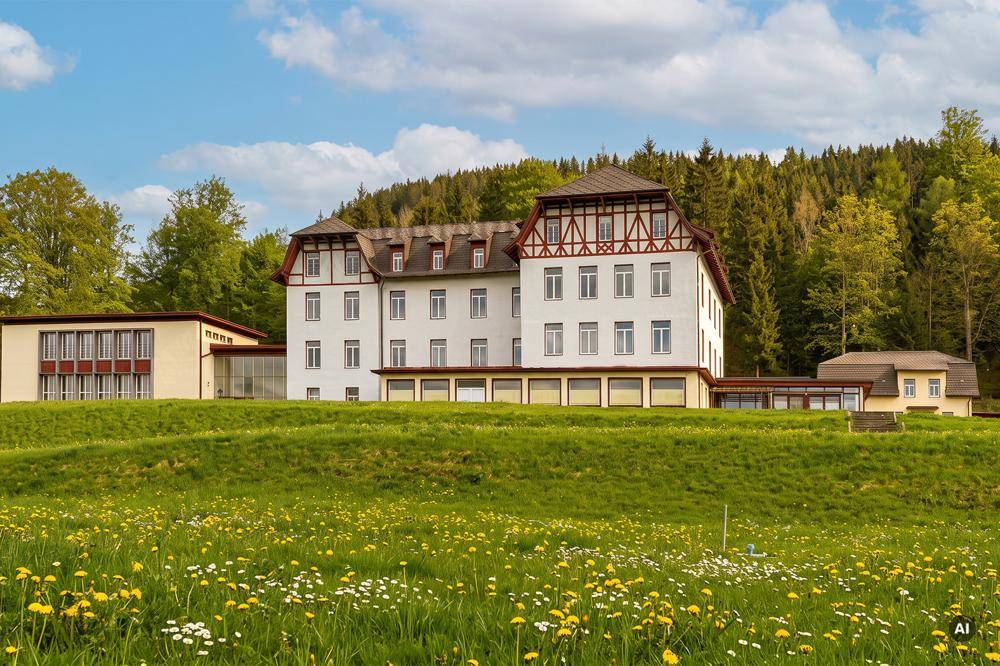 Traditionelles Gebäude mit weißer Fassade und Fachwerkdetails, umgeben von einer blühenden Wiese und Wald.