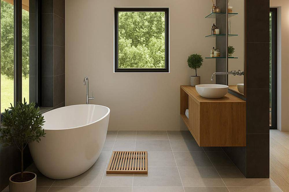Modernes Badezimmer mit freistehender Badewanne, Holzwaschtisch und Fenster mit Waldblick.