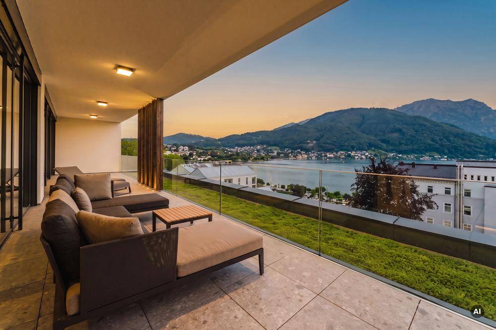 Geräumiger Balkon mit Lounge-Möbeln und spektakulärem Blick auf den See und die Berge bei Sonnenuntergang.