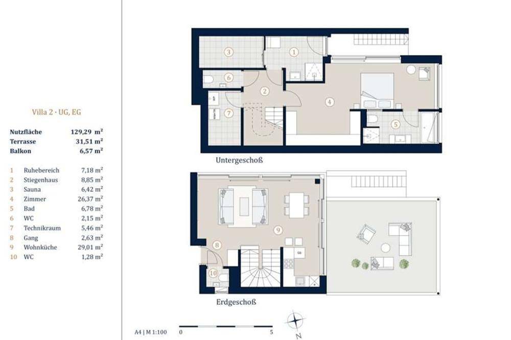 Grundriss für Untergeschoss und Erdgeschoss mit Sauna, Wohnküche und Terrasse.