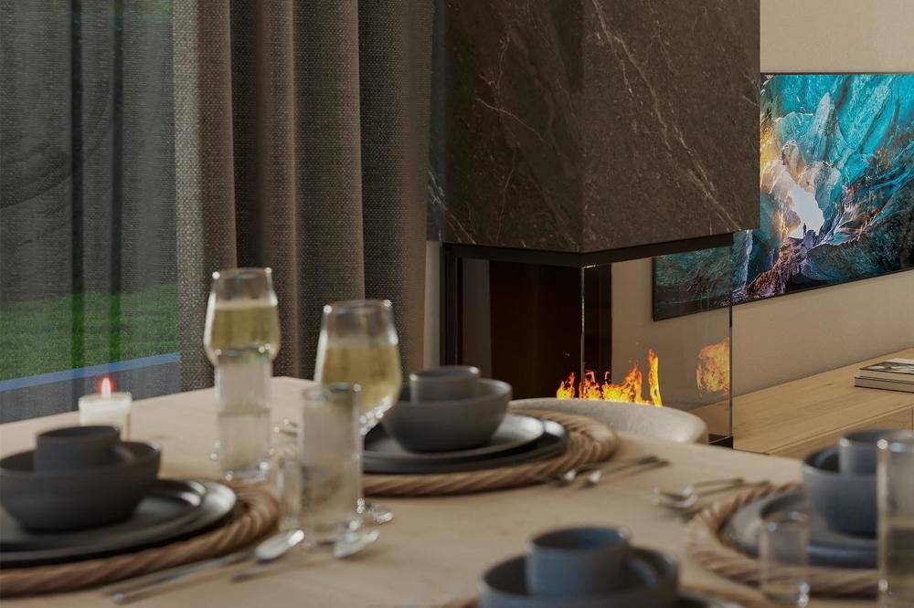 Der elegante Kamin aus Marmoroptik als Herzstück des Wohnbereichs - Visualisierung