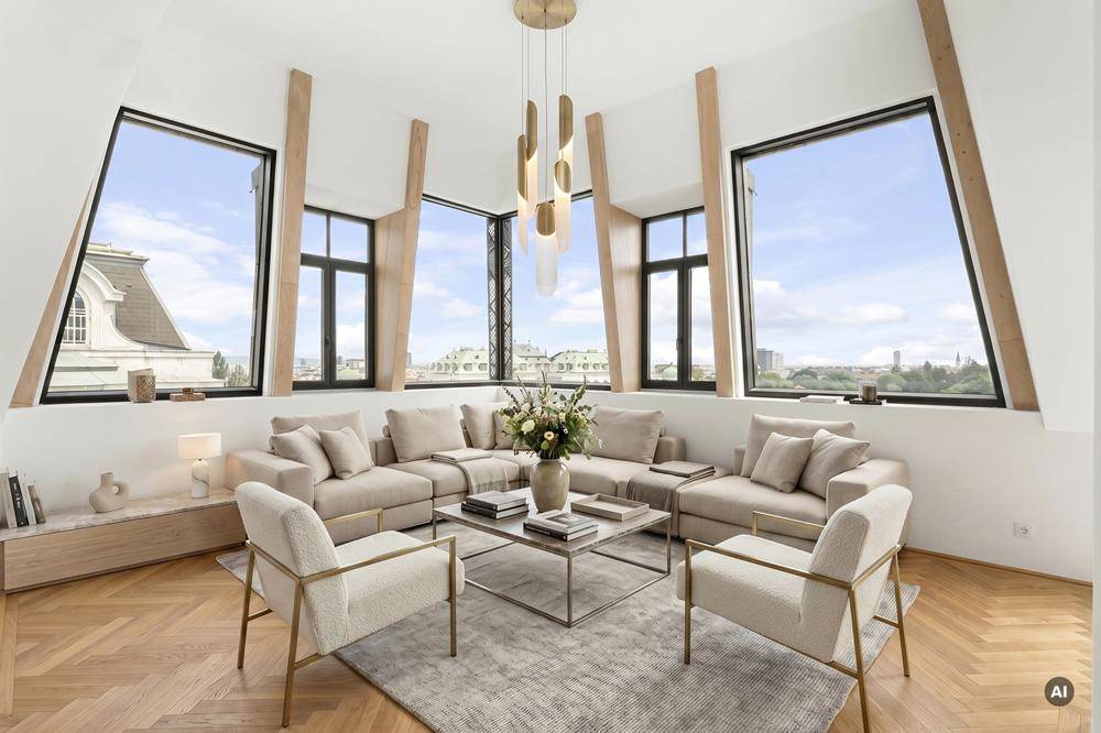 Geräumiges Wohnzimmer im Dachgeschoss mit großen Fenstern und Blick über die Stadt, noch im Ausbau.