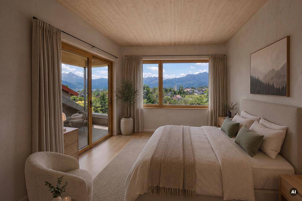 Gemütliches Schlafzimmer mit Holzboden, Zugang zum Balkon und weitem Blick auf die umliegende Berglandschaft.
