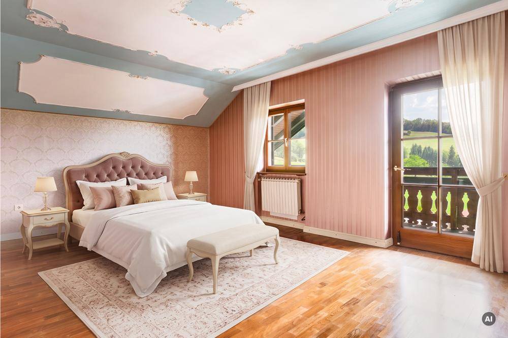 Schlafzimmer mit Himmelbett, dekorativer Decke, rosa Tapete und Zugang zu einem französischen Balkon.