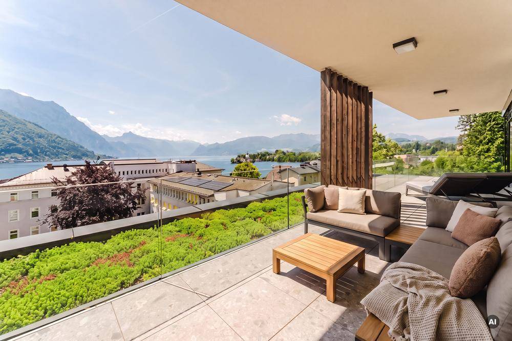 Großer Balkon mit bequemen Outdoor-Möbeln und Panoramablick auf den See und die Berglandschaft.