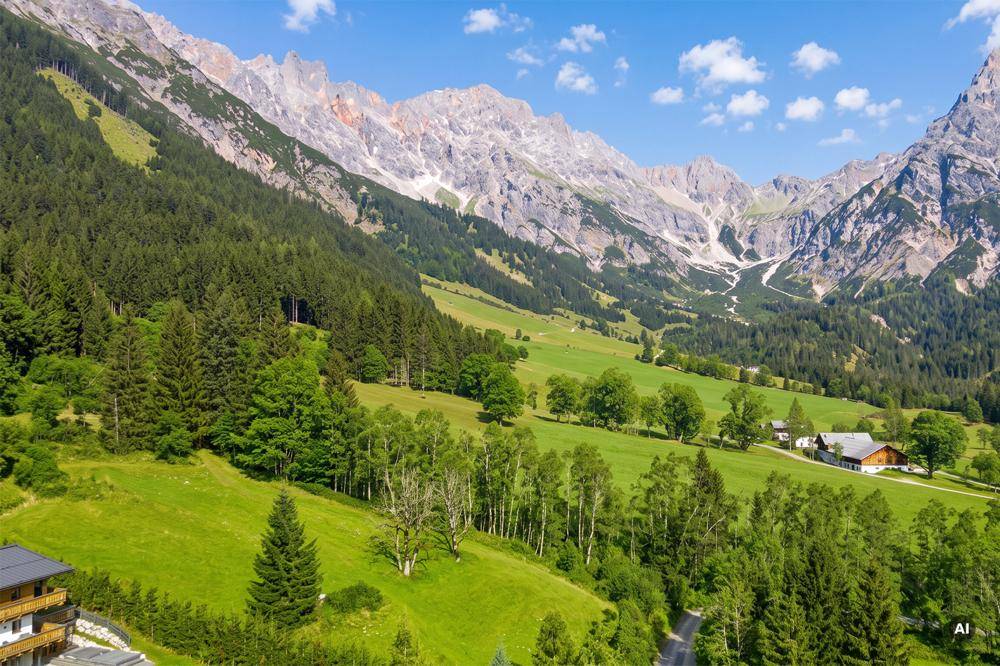 Panoramablick auf die majestätische Berglandschaft mit grünen Wäldern und Wiesen, umgeben von traditionellen Häusern.