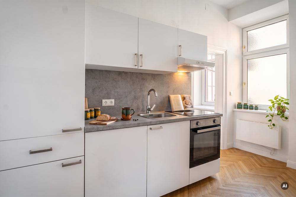 Kompakte Einbauküche mit weißen Schränken, integriertem Backofen und viel Tageslicht durch das Fenster.