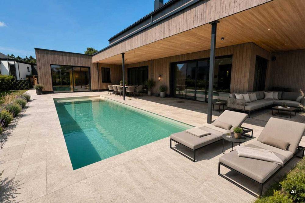Moderne Villa mit großem Poolbereich, Liegestühlen und überdachter Terrasse für entspannte Stunden im Freien.