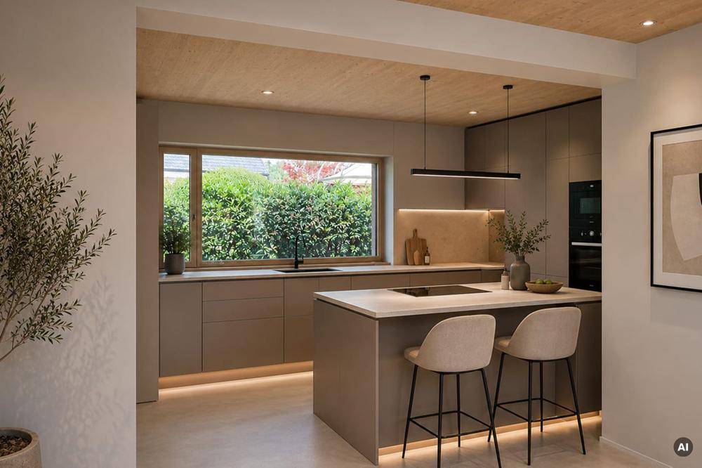Moderne Küche mit Kücheninsel, integrierten Geräten und großem Fenster mit Blick ins Grüne.