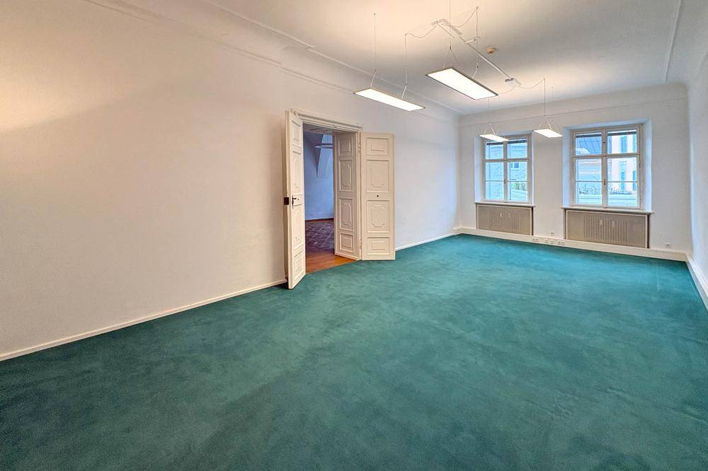 Geräumiges Zimmer mit grünem Teppichboden, hohen Flügeltüren und zwei Fenstern.