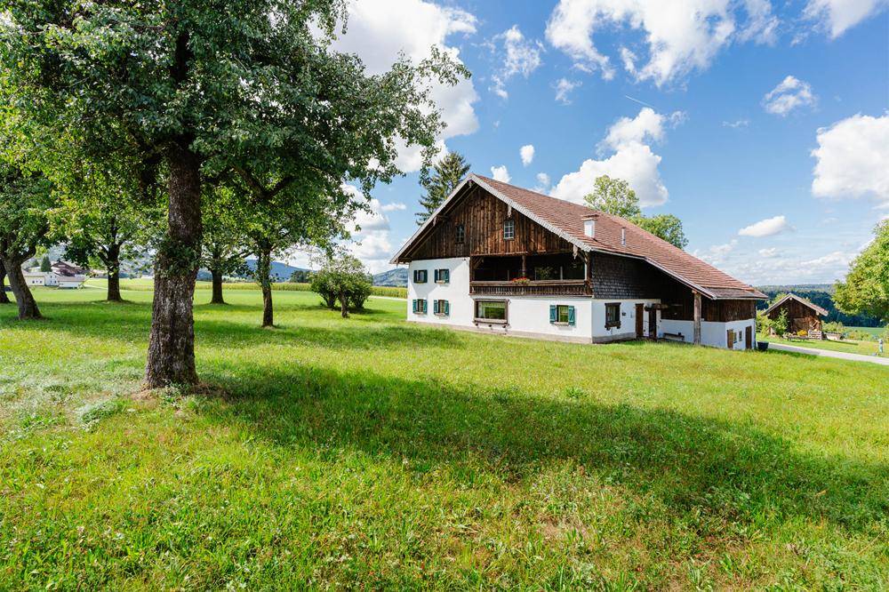 Malerisches Landhaus in ländlicher Umgebung mit weiten Grünflächen und Obstbäumen unter strahlendem Himmel.
