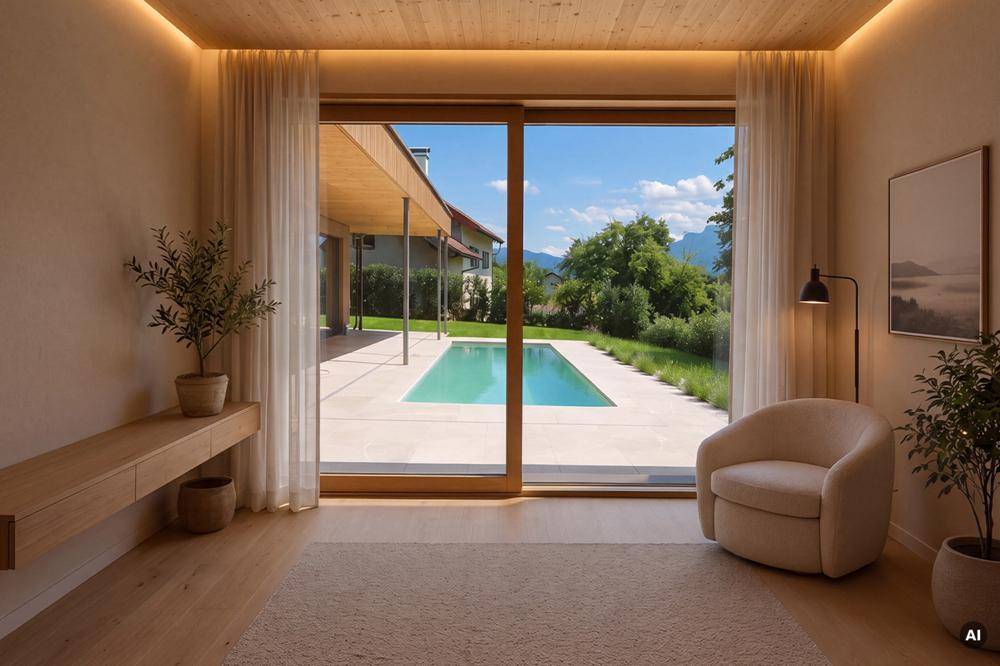Lichtdurchfluteter Raum mit großen Schiebetüren, die den Blick auf den Pool und die grüne Umgebung freigeben.