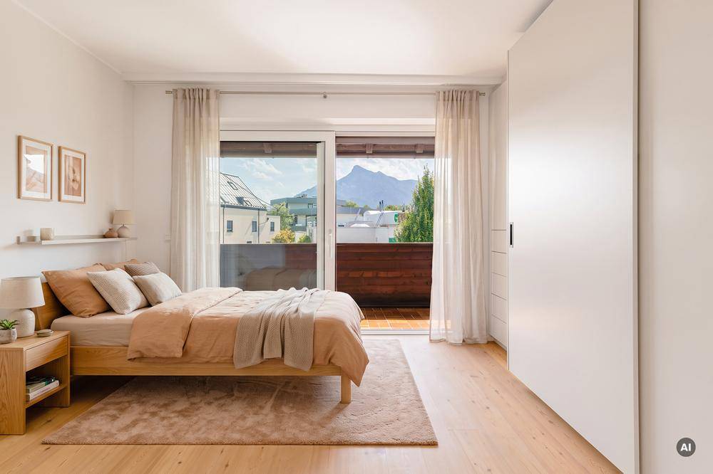 Geräumiger Balkon mit Terrakottafliesen, Holzgeländer und Sitzgelegenheiten, mit Blick in ein Zimmer.