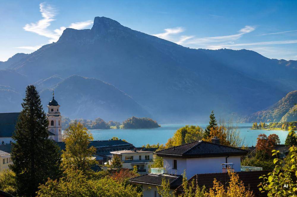 Atemberaubender Panoramablick auf einen malerischen See und majestätische Berge unter blauem Himmel.