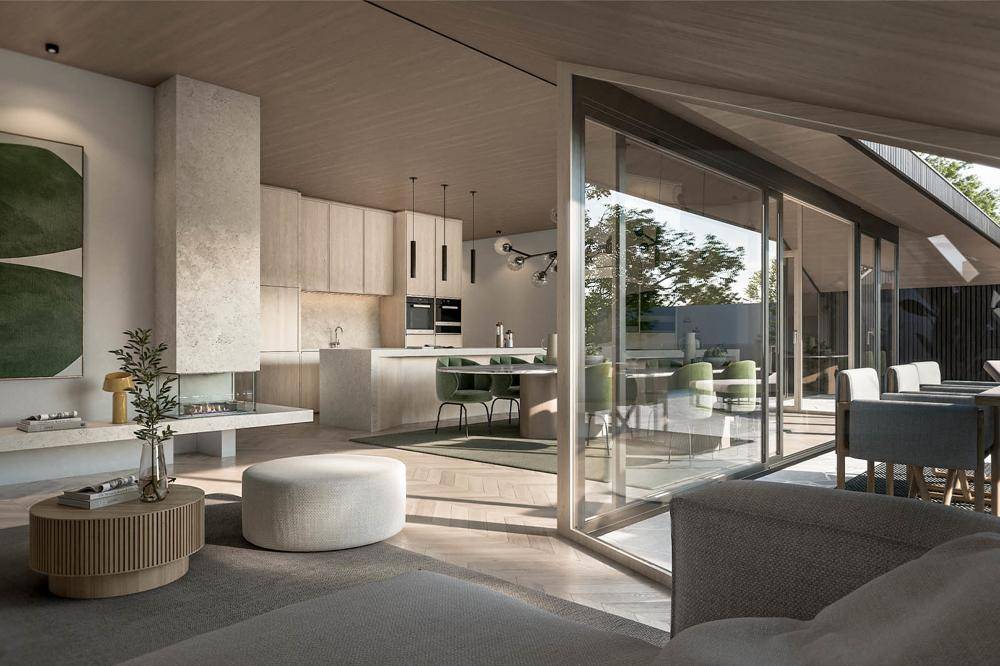 Modernes offenes Wohnzimmer mit integrierter Küche, Kamin und großen Glasfronten zum Garten.