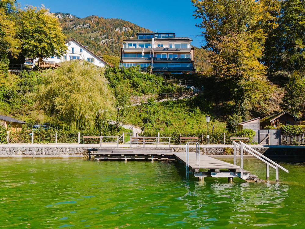 Modernes Gebäude am Hang mit Terrassen und Steg am grünen Seeufer, umgeben von Bäumen.