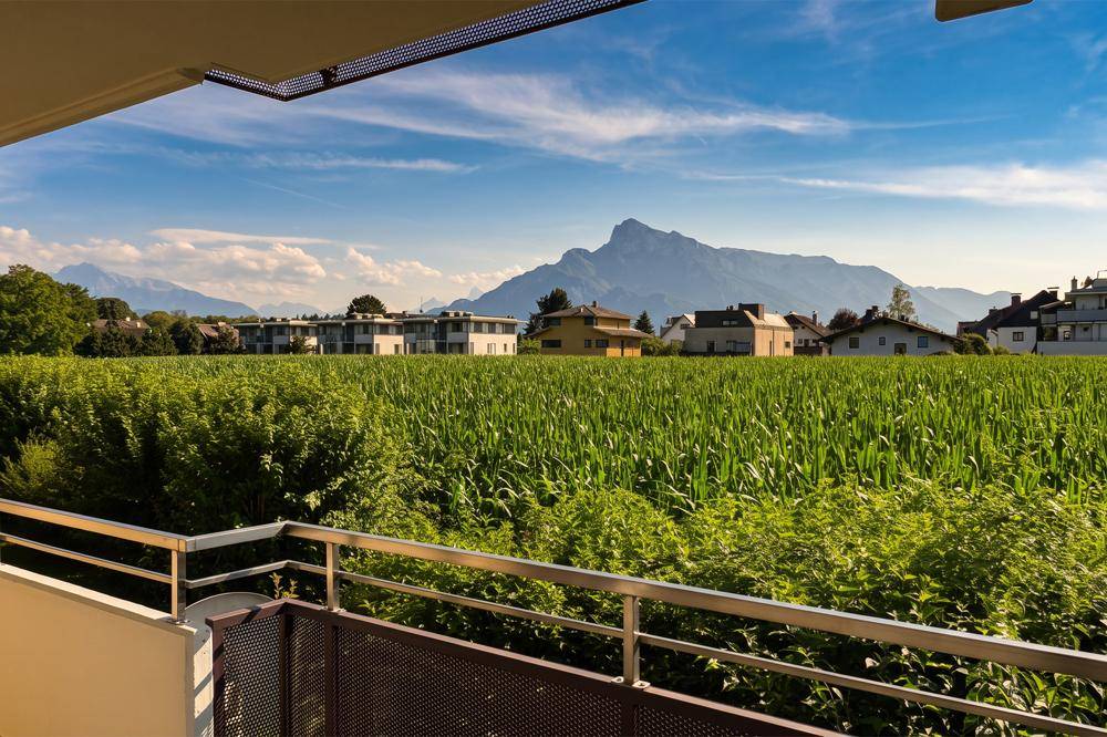 Weitläufiger Blick vom Balkon über grüne Felder auf die majestätischen Berge im Hintergrund.