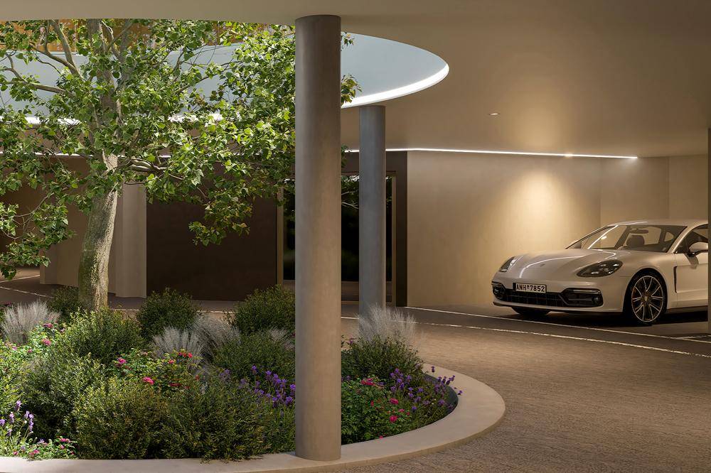 Die Tiefgarage und der daraus wachsende Baum in den Innenhof - Visualisierung