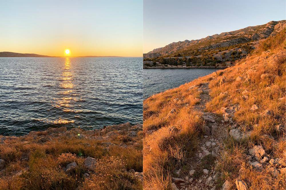 Zwei Ansichten: Sonnenuntergang über dem Meer und eine felsige Küstenlandschaft mit trockener Vegetation.