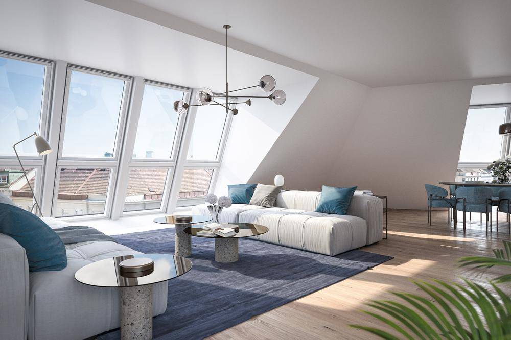 Helles, modernes Wohnzimmer mit großen Dachfenstern, Holzboden und offenem Essbereich im Dachgeschoss.