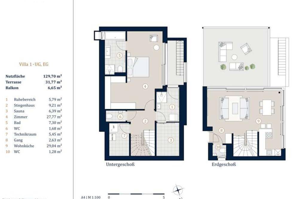 Grundriss des Unter- und Erdgeschosses einer Villa mit Sauna, Wohnküche und großer Terrasse.