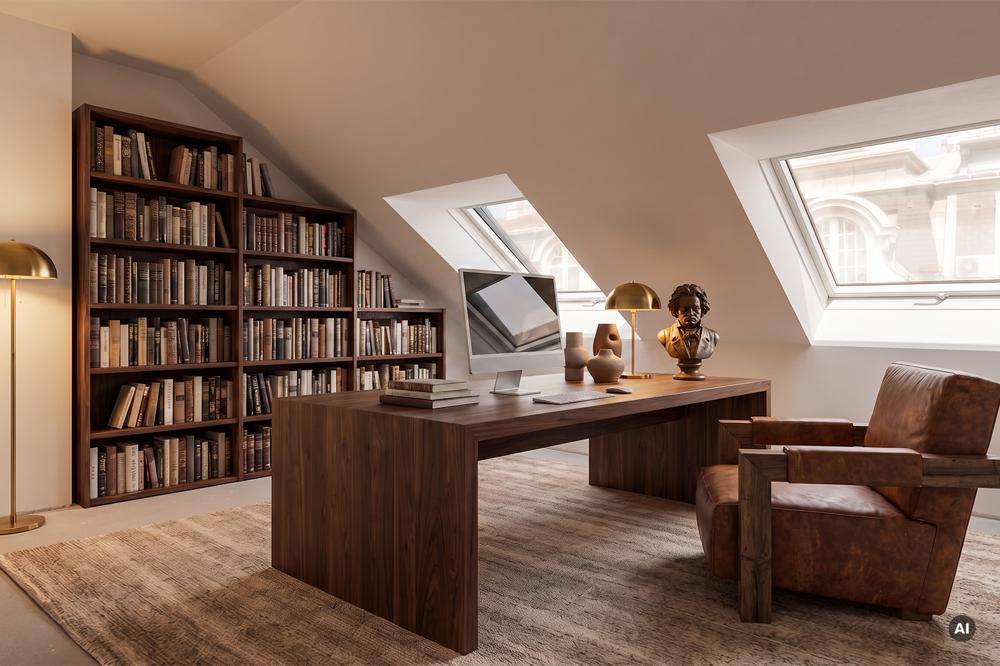 Unmöbliertes Arbeitszimmer im Dachgeschoss mit schrägen Wänden und zwei Dachfenstern.