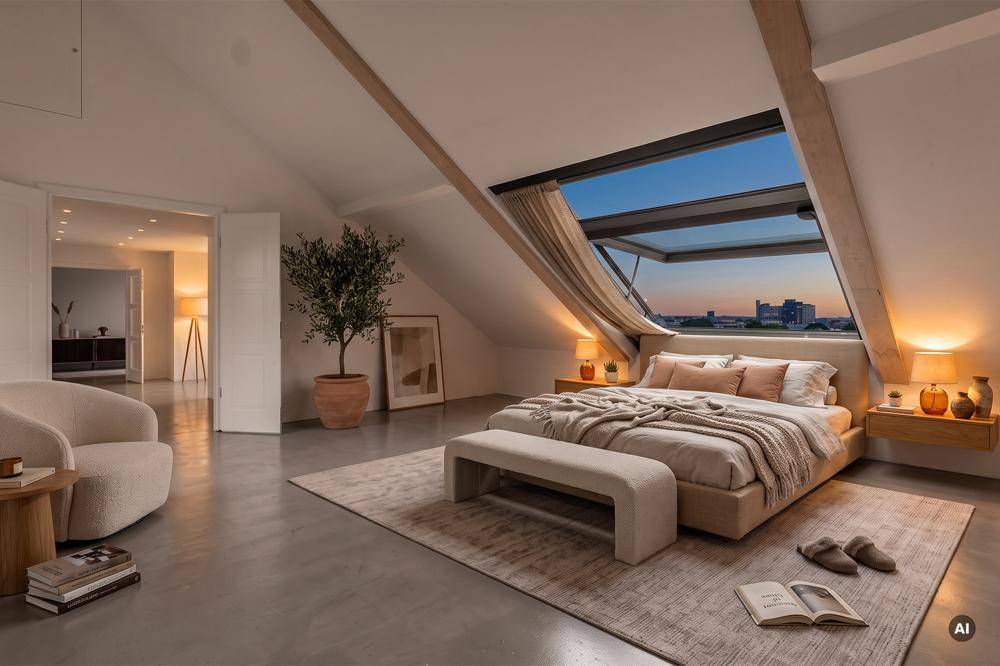 Großzügige Dachterrasse mit Pergola, bequemen Sitzgelegenheiten und Zugang zum Innenbereich.