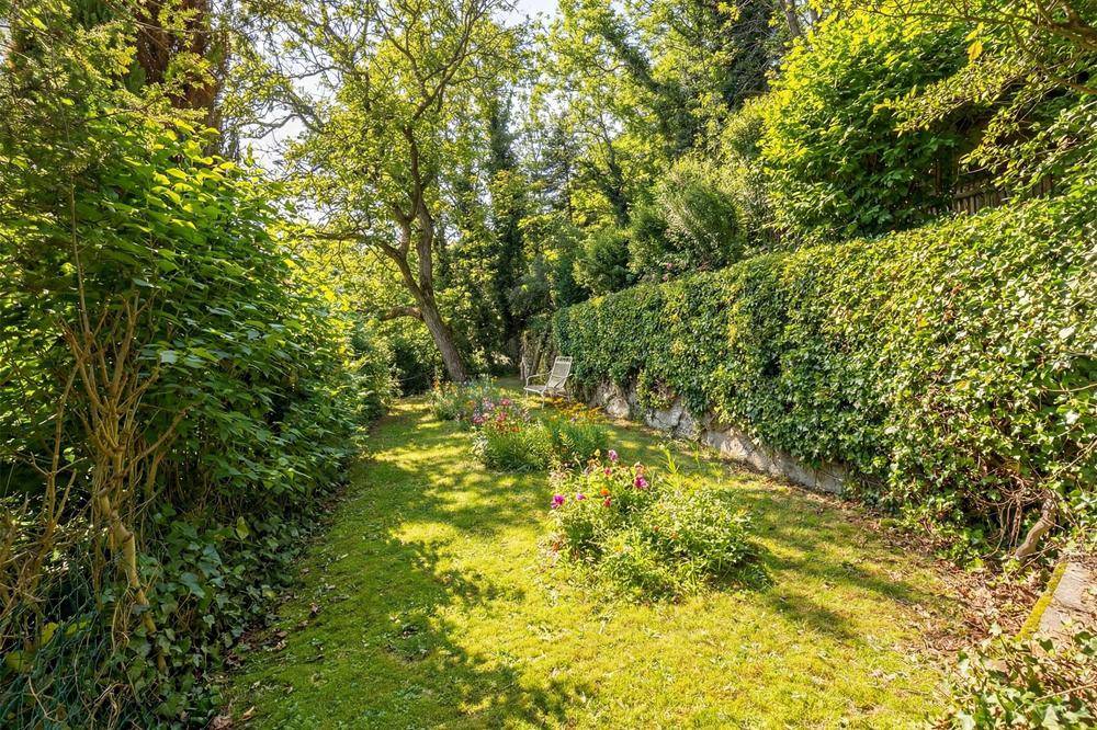 Gepflegter Gartenbereich mit Rasenfläche, hohen Bäumen und einer dichten Hecke.